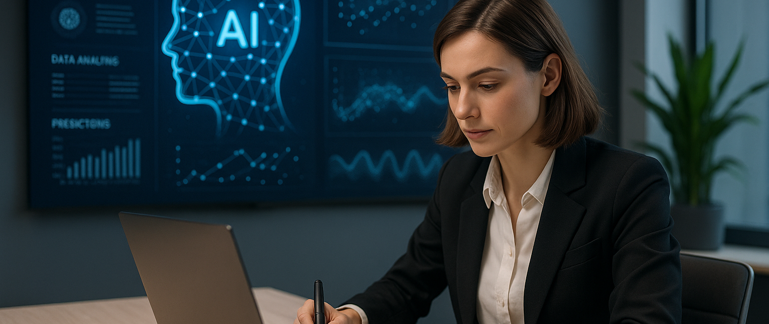 Eine Geschäftsfrau sitzt an einem Schreibtisch mit Laptop und Tablet, während im Hintergrund ein digitales Interface mit KI-Diagrammen sichtbar ist. Das Bild vermittelt modernes Arbeiten mit künstlicher Intelligenz und eignet sich ideal für die Visualisierung von KI-Dienstleistungen in Unternehmen