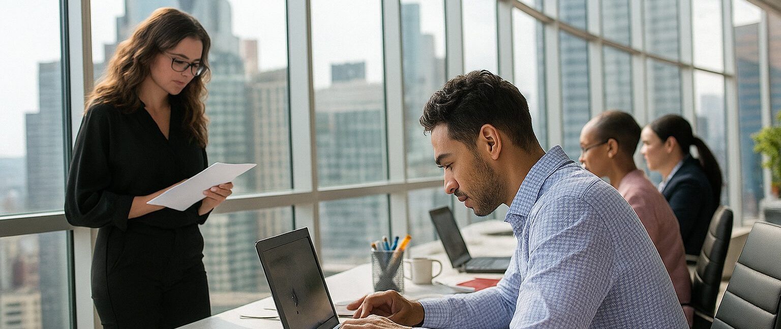 Drei Personen arbeiten in einem modernen Büro mit Laptops vor einer Glasfront in der Stadt.