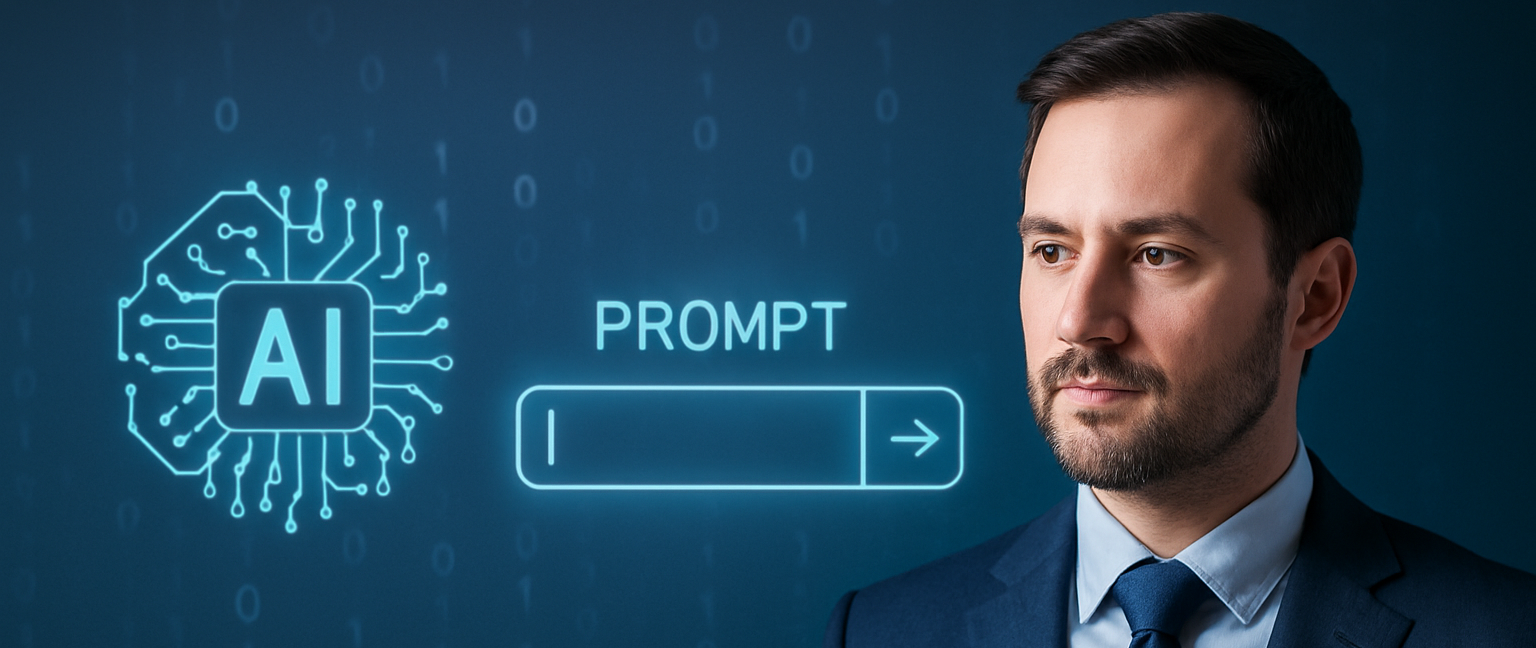 Businessmann mit Tablet vor digitaler AI-Oberfläche und Prompt-Eingabe – Symbolbild für KI-gestützte Unternehmenslösungen